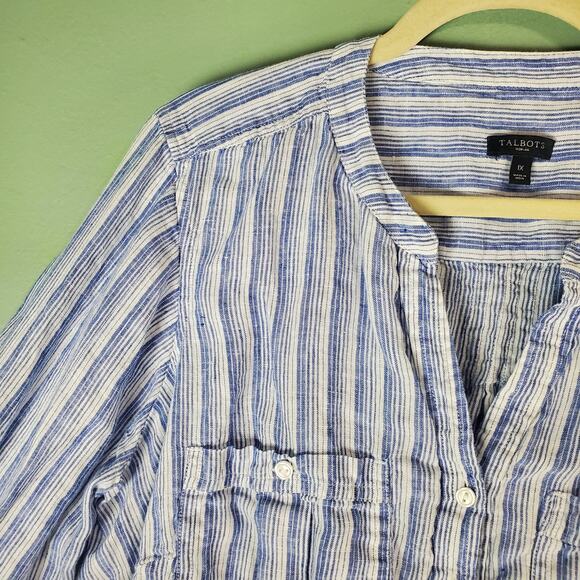 Talbots Womens Blue V-Neck Linen Striped Button Down Roll Tab Blouse Size 1X - Picture 4 of 6